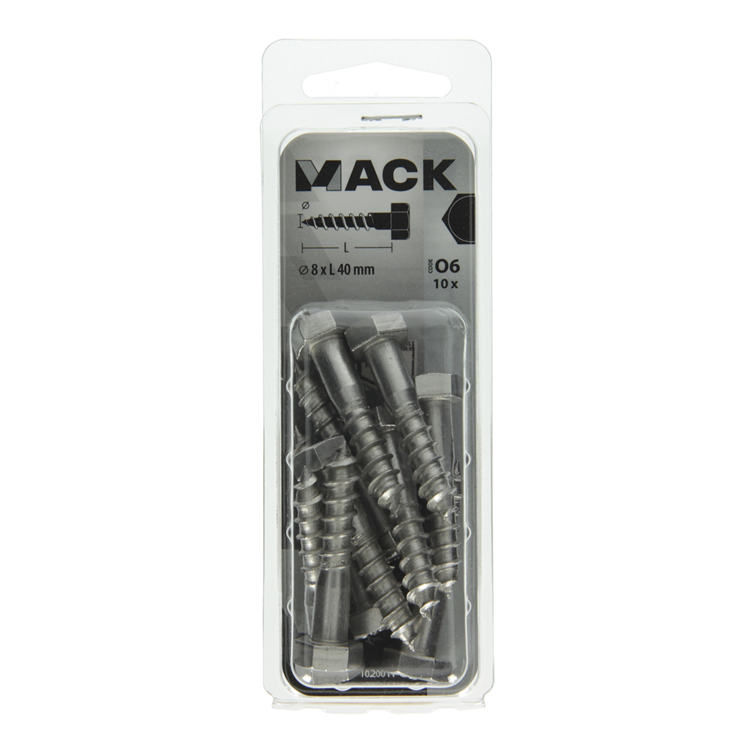 Mack 1020011 - houtdraadbout roestvrijstaal 10 st 8 x 40 mm | 5 stuks