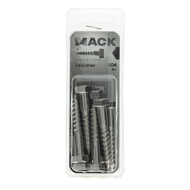 Mack 1020012 - houtdraadbout roestvrijstaal 8 st 8 x 50 mm | 5 stuks