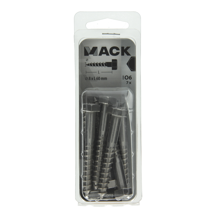 Mack 1020013 - houtdraadbout roestvrijstaal 7 st 8 x 60 mm | 5 stuks