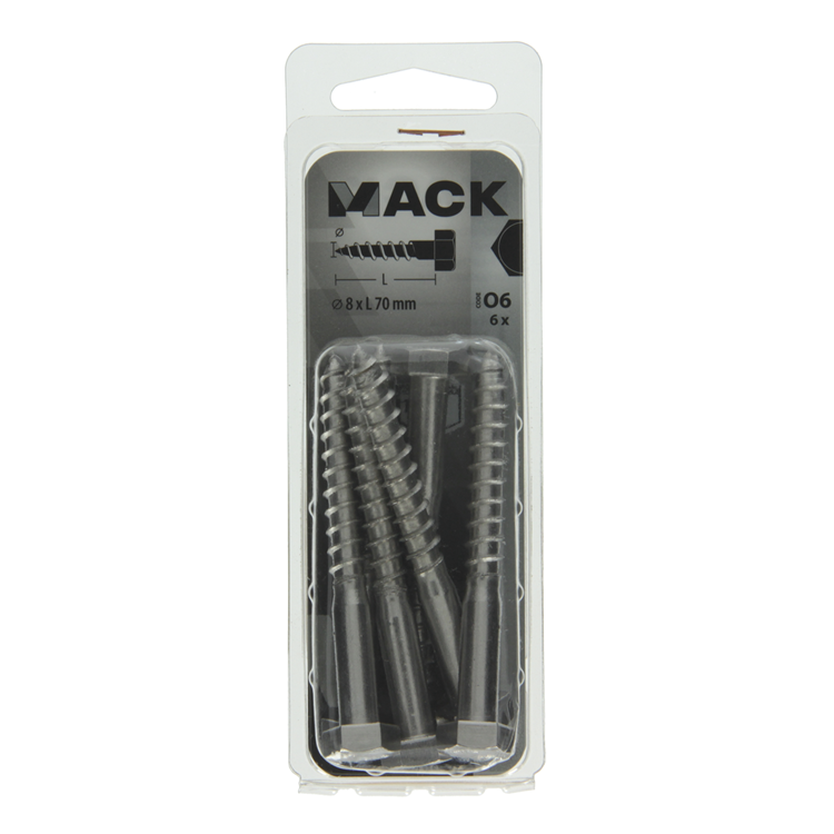 Mack 1020014 - houtdraadbout roestvrijstaal 6 st 8 x 70 mm | 5 stuks