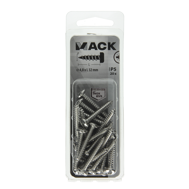 Mack 1020016 - zelftappende schroef cyl.kop a2 20 st 4,8 x 32 mm | 5 stuks