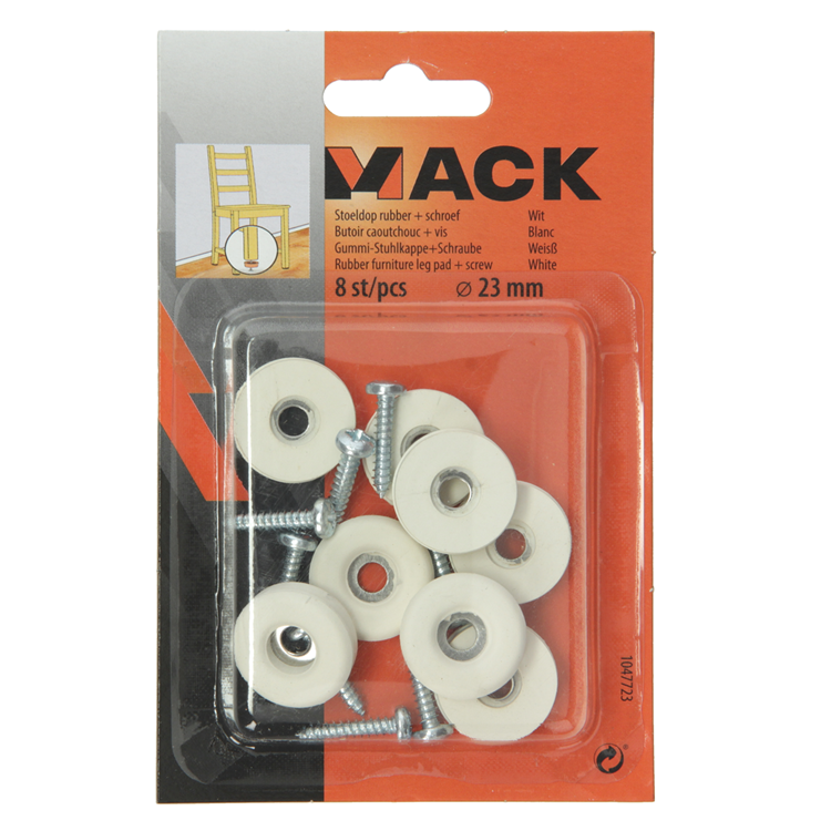 Mack 1047723 - stoeldop rubber + schroef wit ø 23 mm 8 st pcs | 6 stuks