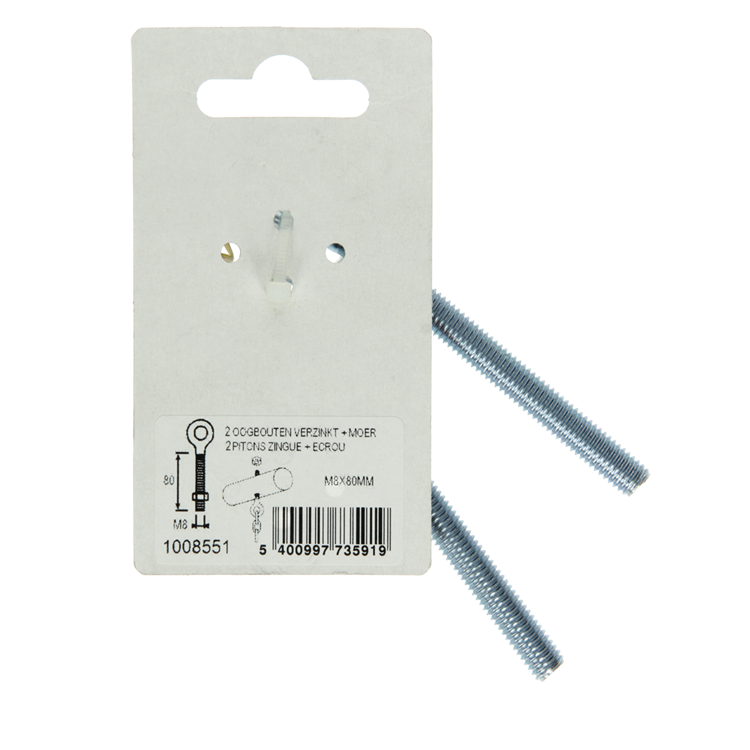 Mack 1008551 - 2 oogbouten + moer m8 x 80mm verzinkt | 10 stuks