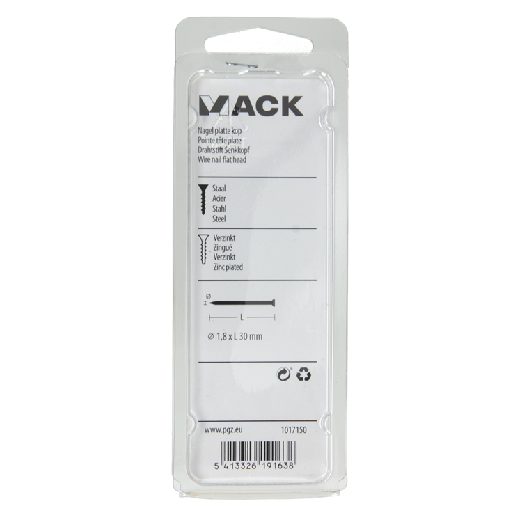 Mack 1017150 - nagel platte kop staal verzinkt 100 gr 1,8 x 30 mm | 5 stuks