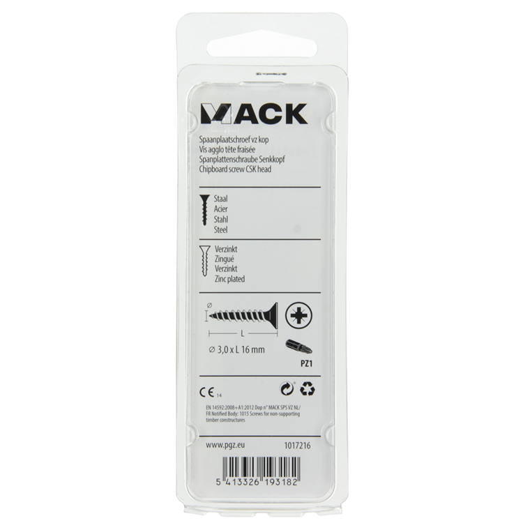 Mack 1017216 - spaanplaatschroef vz kop geelverz.50 st 3,0 x 16 mm | 10 stuks
