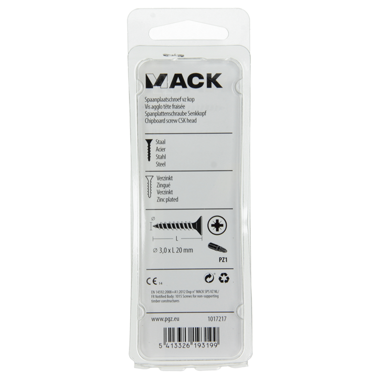 Mack 1017217 - spaanplaatschroef vz kop geelverz.45 st 3,0 x 20 mm | 10 stuks
