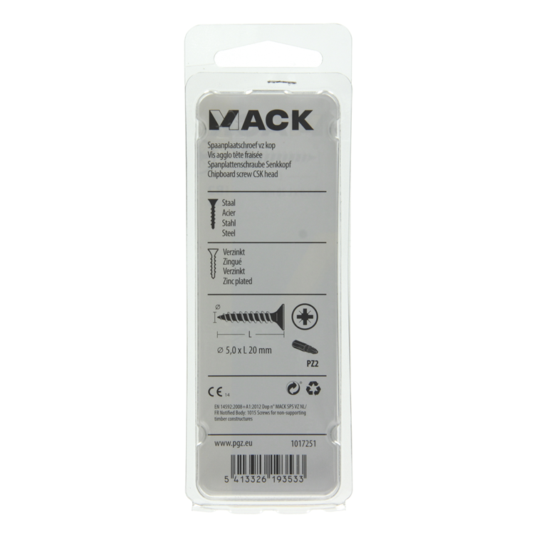 Mack 1017251 - spaanplaatschroef vz kop geelverz.20 st 5,0 x 20 mm | 10 stuks