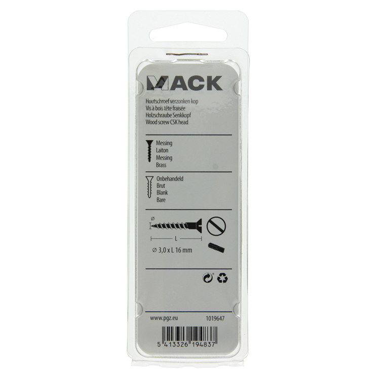 Mack 1019647 - houtschroef verzonken kop messing 14st 3,0 x 16 mm | 10 stuks