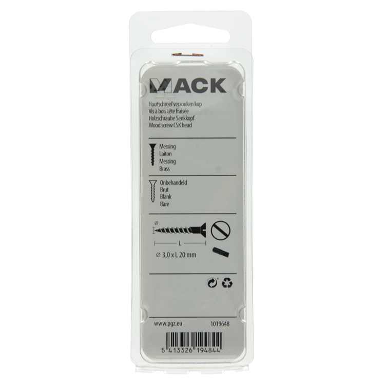 Mack 1019648 - houtschroef verzonken kop messing 12st 3,0 x 20 mm | 10 stuks