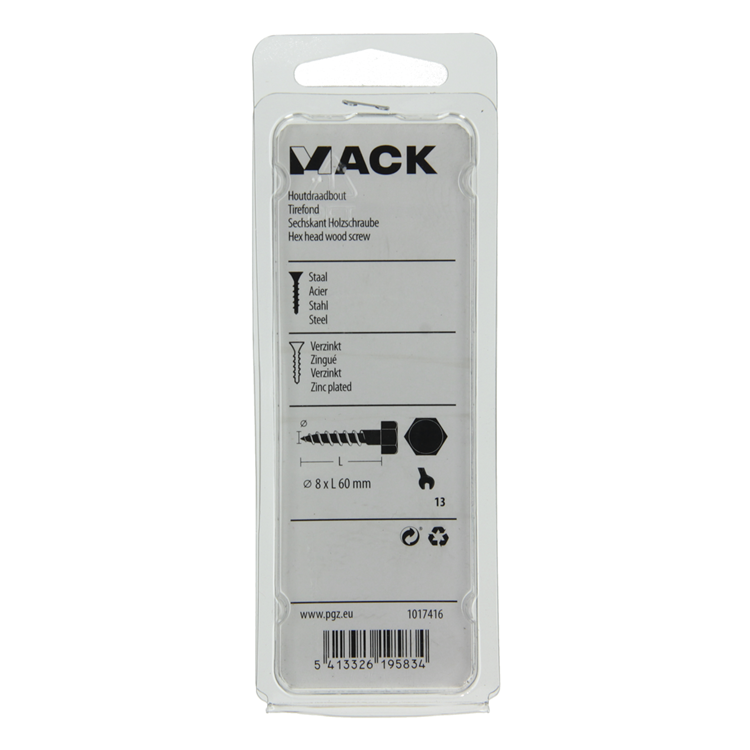 Mack 1017416 - houtdraadbout staal verzinkt 6 st 8 x 60 mm | 5 stuks