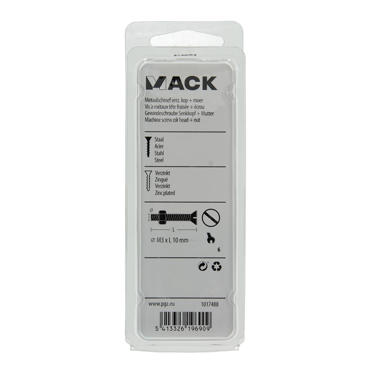 Mack 1017488 - metaalschroef verz. kop + moer verz. 30st m3 x 10 mm | 10 stuks