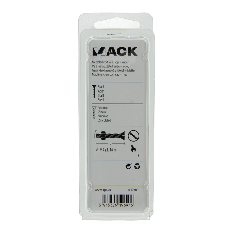 Mack 1017489 - metaalschroef verz. kop + moer verz. 27st m3 x 16 mm | 10 stuks