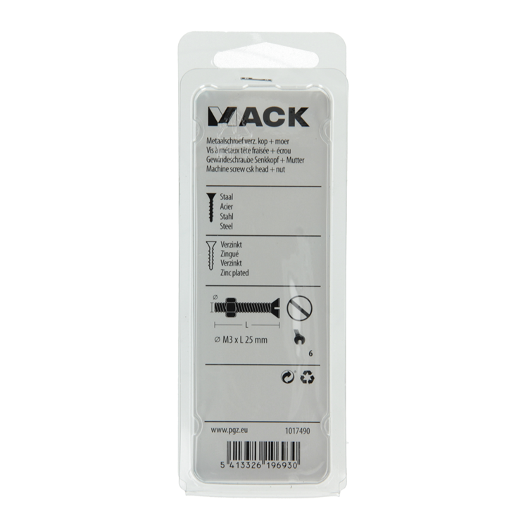 Mack 1017490 - metaalschroef verz. kop + moer verz. 22st m3 x 25 mm | 10 stuks