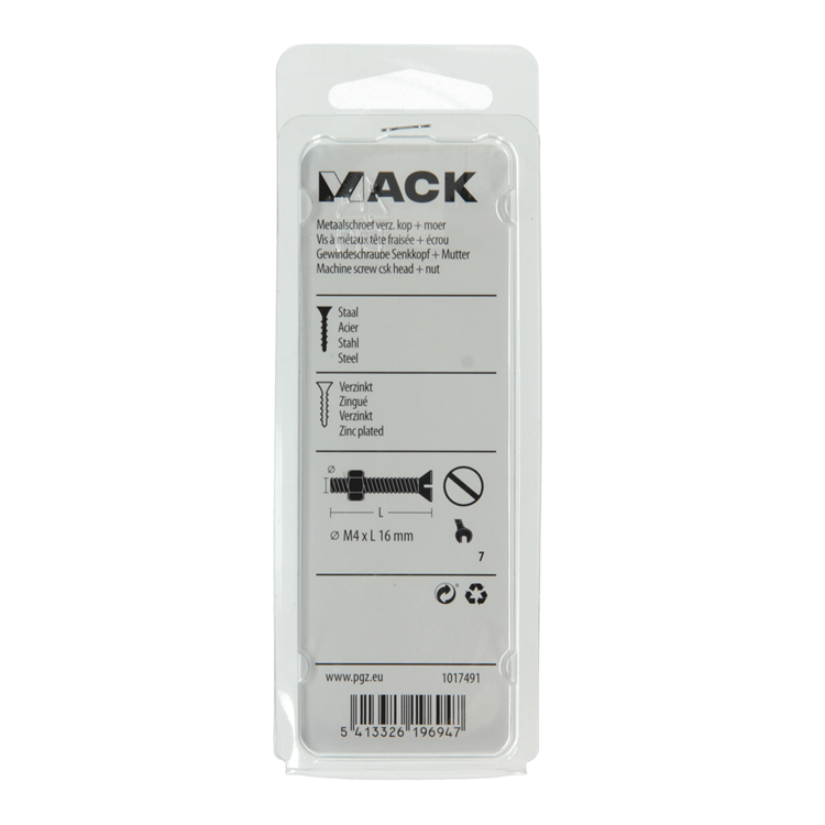 Mack 1017491 - metaalschroef verz. kop + moer verz. 20st m4 x 16 mm | 10 stuks