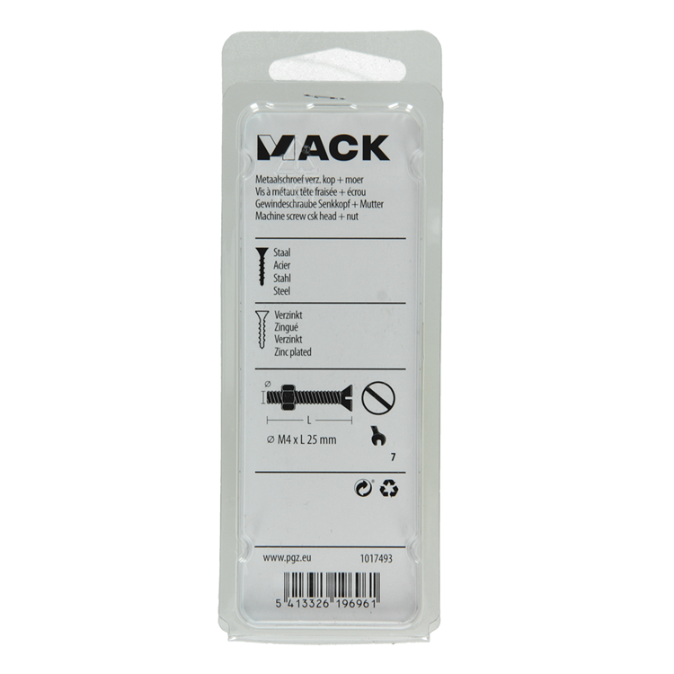 Mack 1017493 - metaalschroef verz. kop + moer verz. 16st m4 x 25 mm | 10 stuks