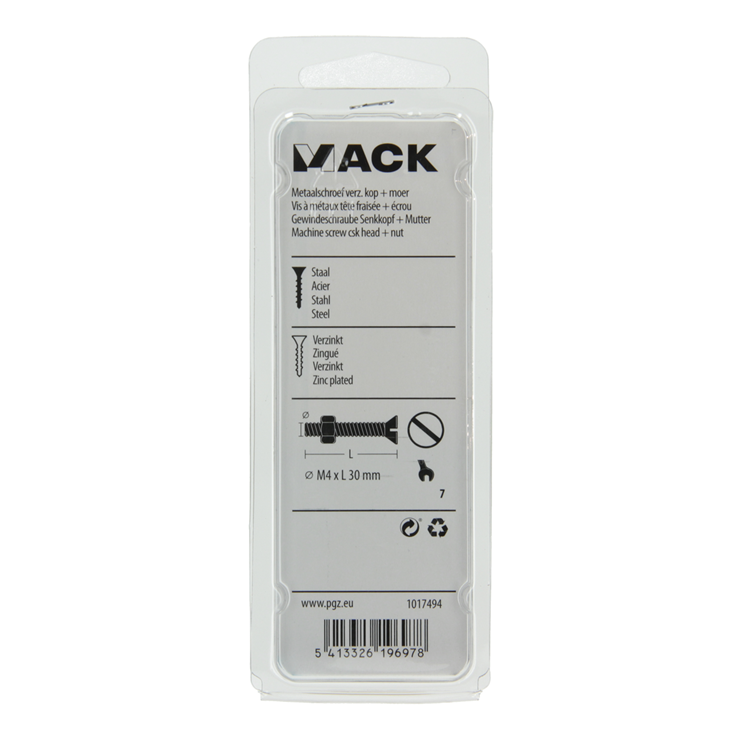 Mack 1017494 - metaalschroef verz. kop + moer verz. 14st m4 x 30 mm | 10 stuks