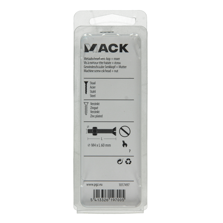 Mack 1017497 - metaalschroef verz. kop + moer verz. 6 st m4 x 60 mm | 10 stuks