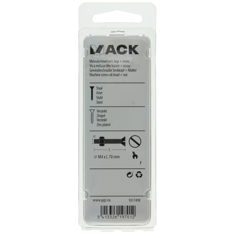 Mack 1017498 - metaalschroef verz. kop + moer verz. 4 st m4 x 70 mm | 10 stuks