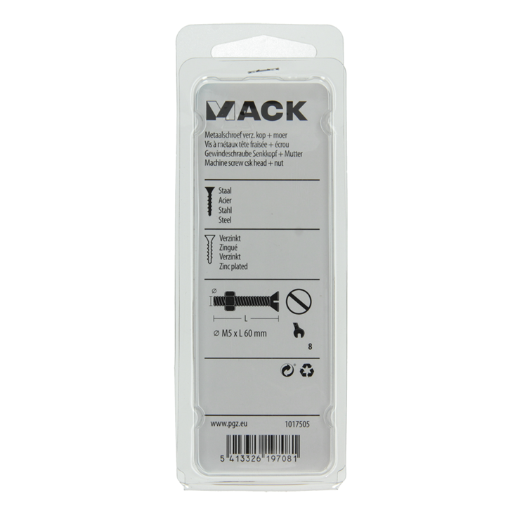 Mack 1017505 - metaalschroef verz. kop + moer verz. 7 st m5 x 60 mm | 10 stuks