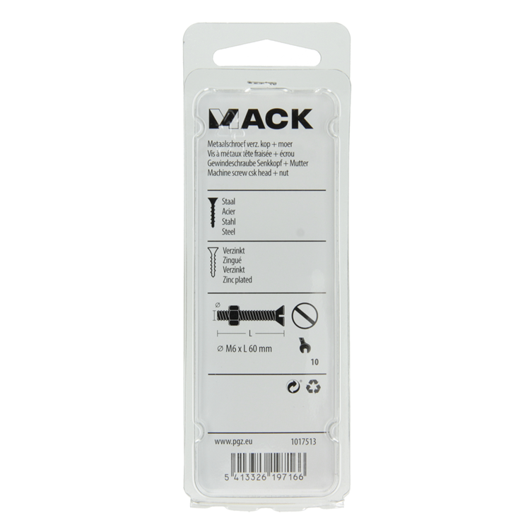 Mack 1017513 - metaalschroef verz. kop + moer verz. 5 st m6 x 60 mm | 10 stuks