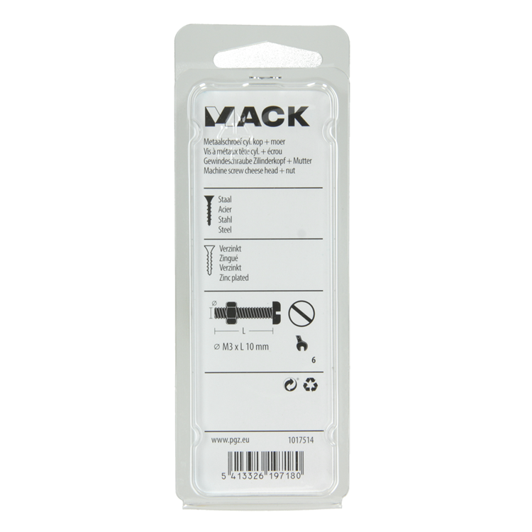 Mack 1017514 - metaalschroef cyl. kop + moer verz. 30 st m3 x 10 mm | 10 stuks