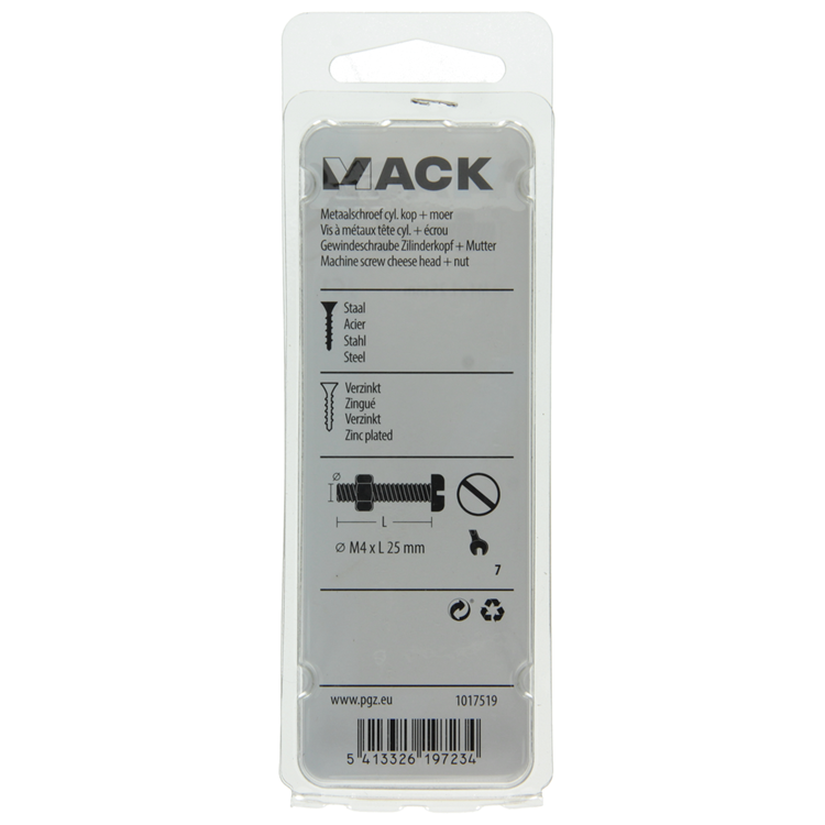 Mack 1017519 - metaalschroef cyl. kop + moer verz. 16 st m4 x 25 mm | 10 stuks
