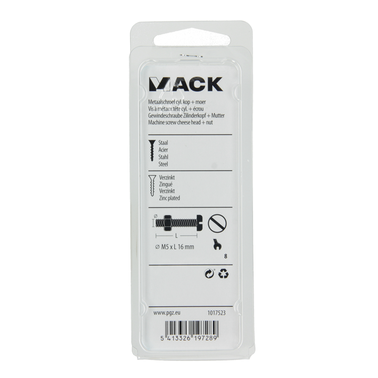 Mack 1017523 - metaalschroef cyl. kop + moer verz. 16 st m5 x 16 mm | 10 stuks