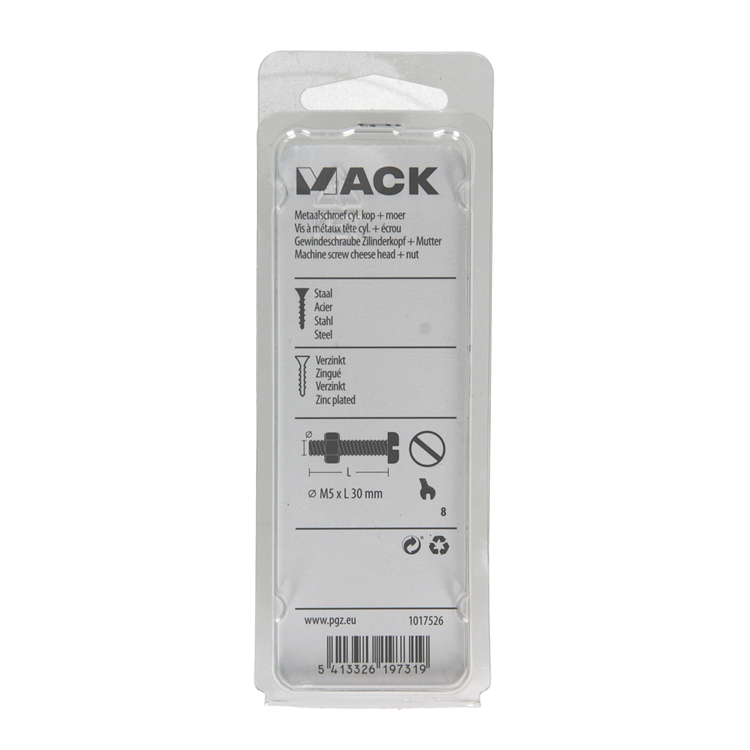 Mack 1017526 - metaalschroef cyl. kop + moer verz. 13 st m5 x 30 mm | 10 stuks