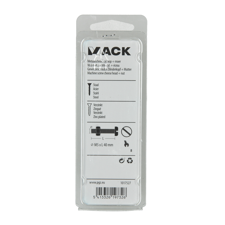 Mack 1017527 - metaalschroef cyl. kop + moer verz. 10 st m5 x 40 mm | 10 stuks