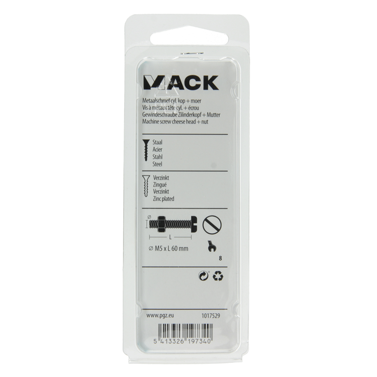 Mack 1017529 - metaalschroef cyl. kop + moer verz. 6 st m5 x 60 mm | 10 stuks