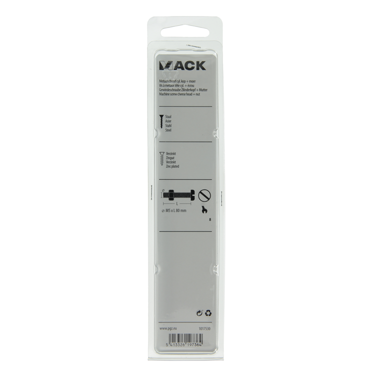 Mack 1017530 - metaalschroef cyl. kop + moer verz. 3 st m5 x 80 mm | 5 stuks