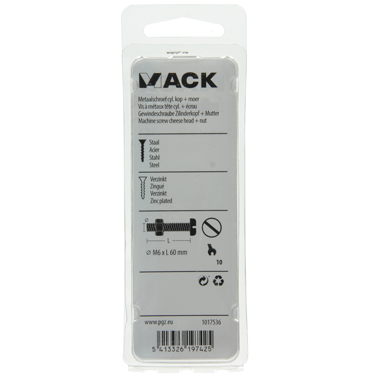Mack 1017536 - metaalschroef cyl. kop + moer verz. 4 st m6 x 60 mm | 10 stuks