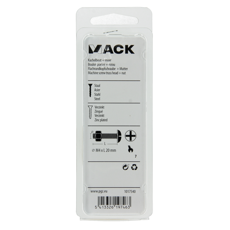 Mack 1017540 - kachelbout + moer staal verzinkt 20 st m4 x 20 mm | 10 stuks