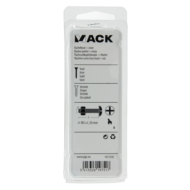 Mack 1017545 - kachelbout + moer staal verzinkt 15 st m5 x 20 mm | 10 stuks