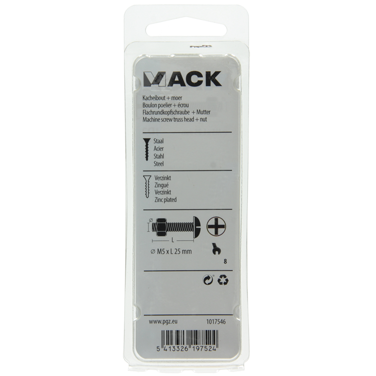 Mack 1017546 - kachelbout + moer staal verzinkt 14 st m5 x 25 mm | 5 stuks