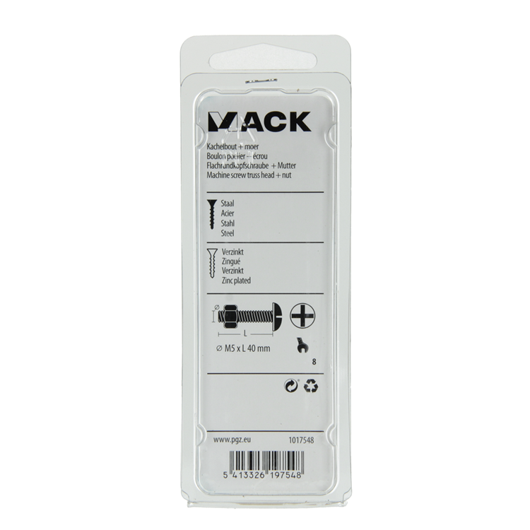 Mack 1017548 - kachelbout + moer staal verzinkt 10 st m5 x 40 mm | 5 stuks
