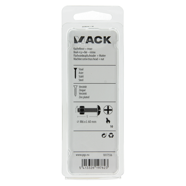 Mack 1017556 - kachelbout + moer staal verzinkt 5 st m6 x 60 mm | 10 stuks