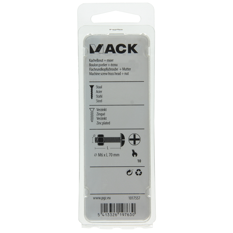 Mack 1017557 - kachelbout + moer staal verzinkt 4 st m6 x 70 mm | 10 stuks