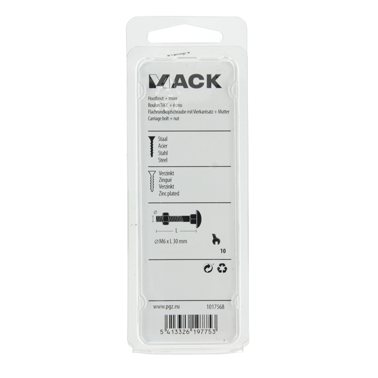Mack 1017568 - houtbout + moer staal verzinkt8 st m6 x 30 mm | 5 stuks