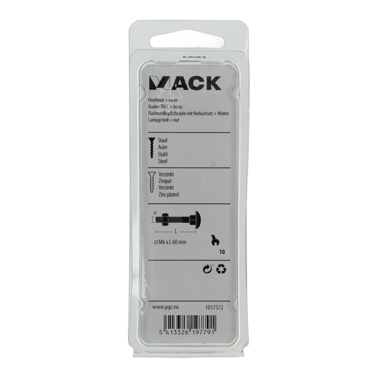 Mack 1017572 - houtbout + moer staal verzinkt6 st m6 x 60 mm | 5 stuks