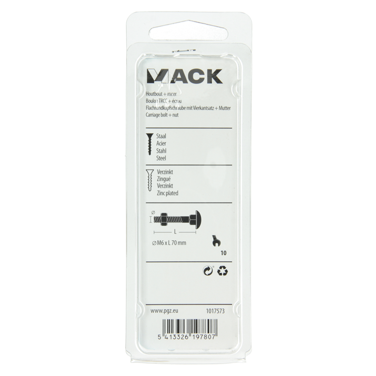 Mack 1017573 - houtbout + moer staal verzinkt5 st m6 x 70 mm | 5 stuks