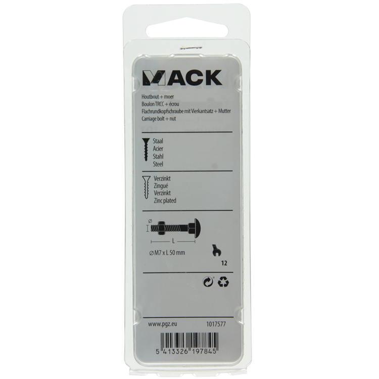 Mack 1017577 - houtbout + moer staal verzinkt4 st m7 x 50 mm | 5 stuks