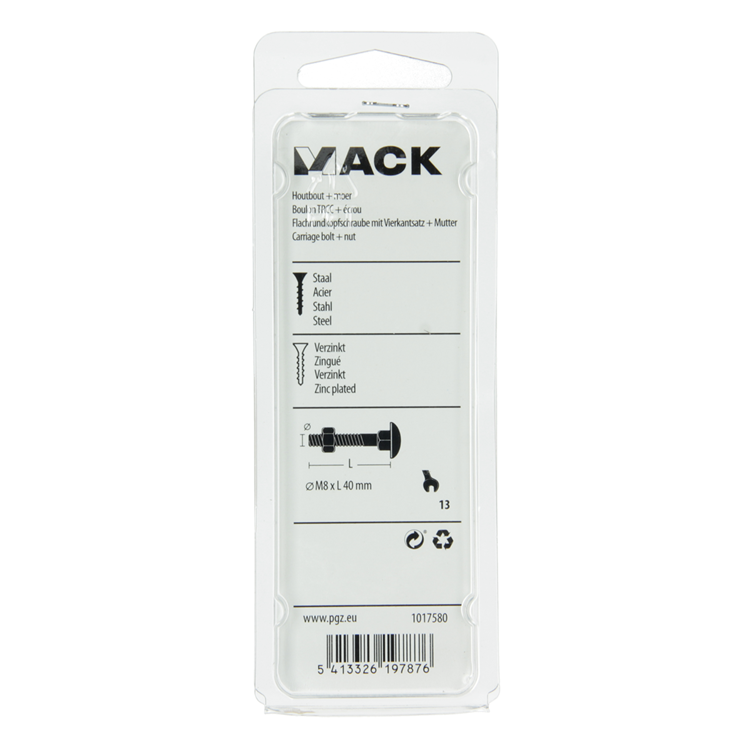 Mack 1017580 - houtbout + moer staal verzinkt5 st m8 x 40 mm | 5 stuks