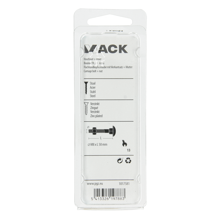 Mack 1017581 - houtbout + moer staal verzinkt5 st m8 x 50 mm | 5 stuks