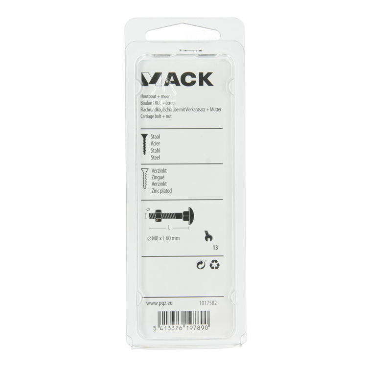 Mack 1017582 - houtbout + moer staal verzinkt4 st m8 x 60 mm | 5 stuks