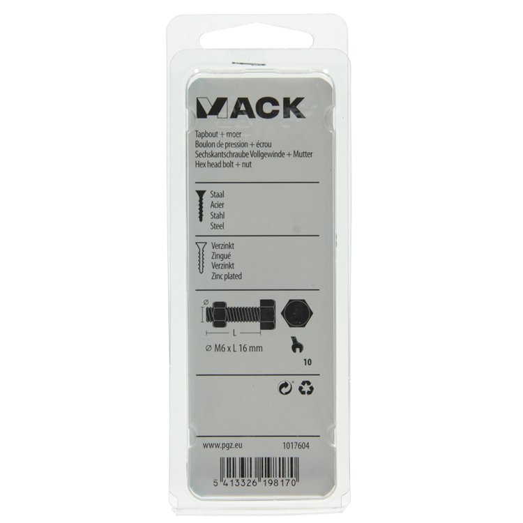 Mack 1017604 - tapbout + moer staal verzinkt 15 st m6 x 16 mm | 10 stuks