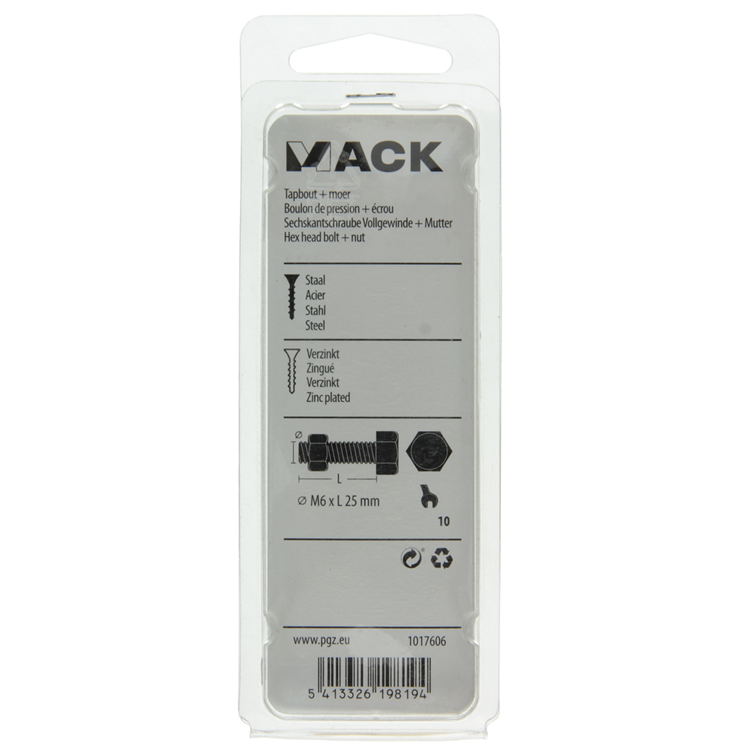 Mack 1017606 - tapbout + moer staal verzinkt 13 st m6 x 25 mm | 10 stuks