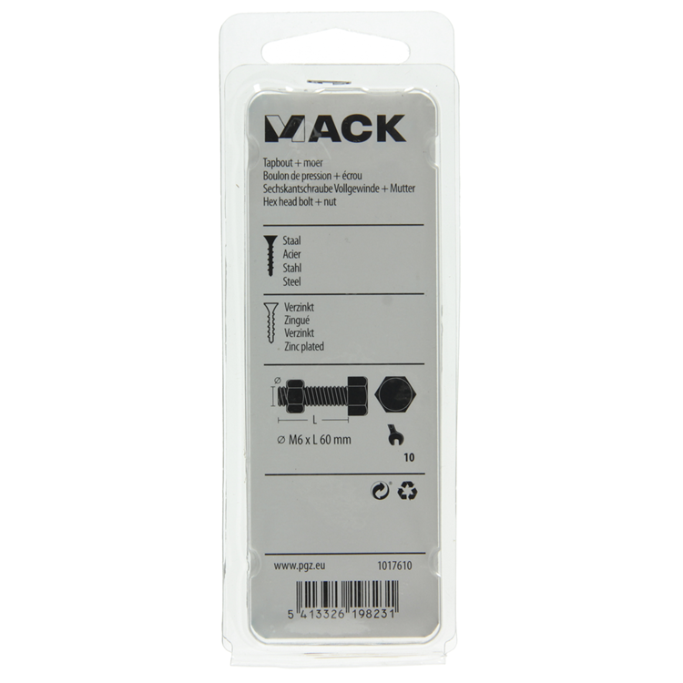 Mack 1017610 - tapbout + moer staal verzinkt 7 st m6 x 60 mm | 10 stuks