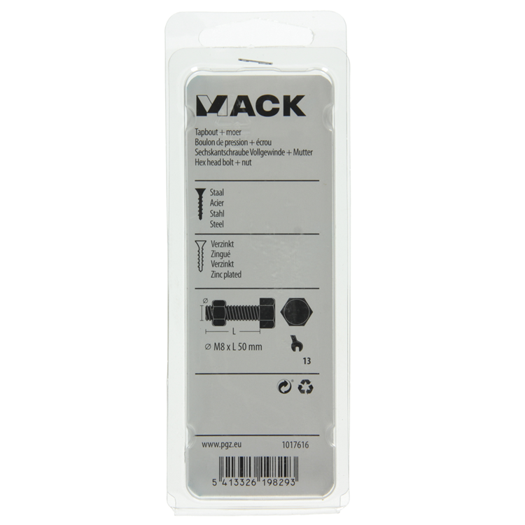 Mack 1017616 - tapbout + moer staal verzinkt 4 st m8 x 50 mm | 10 stuks
