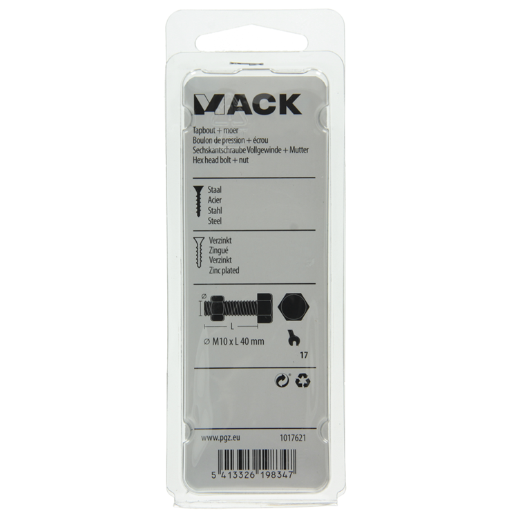 Mack 1017621 - tapbout + moer staal verzinkt 2 st m10 x 40 mm | 5 stuks
